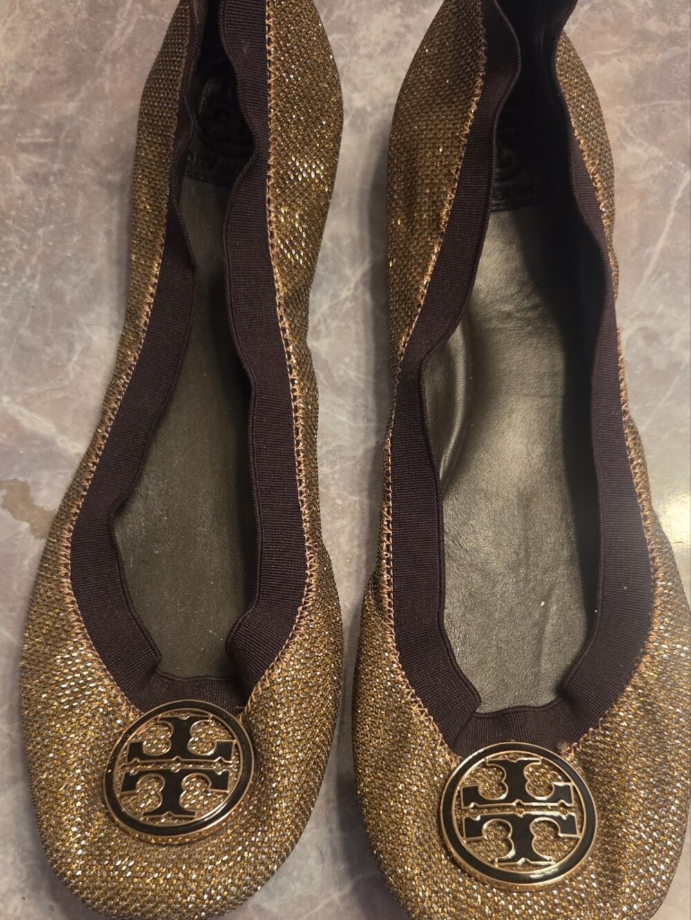 Tory Burch Metallic Gold Glitter Ballet Flats with Logo Medallion